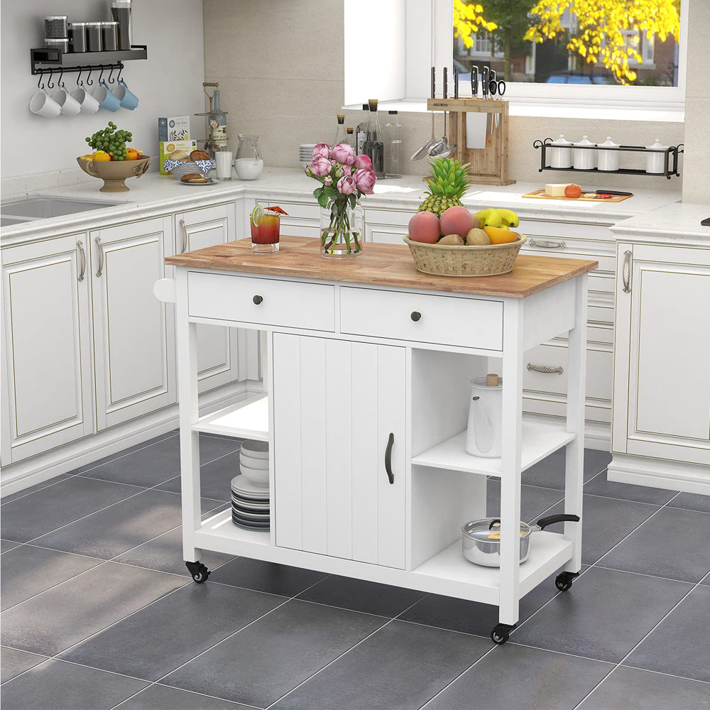 Rolling Kitchen Island wtih Rubber Wood Top - TimberFlare