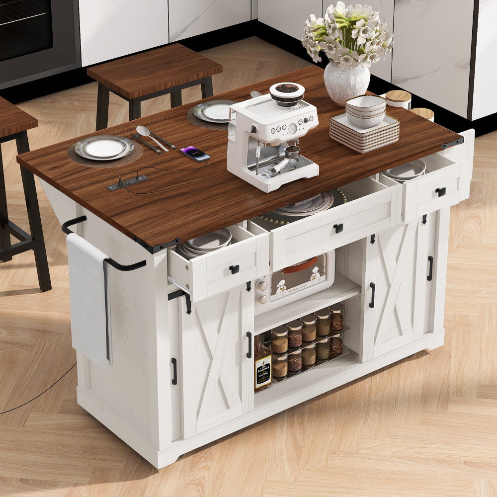 58-Inch Farmhouse Kitchen Island with Drop Leaf, Power Outlet