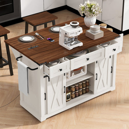 58-Inch Farmhouse Kitchen Island with Drop Leaf, Power Outlet