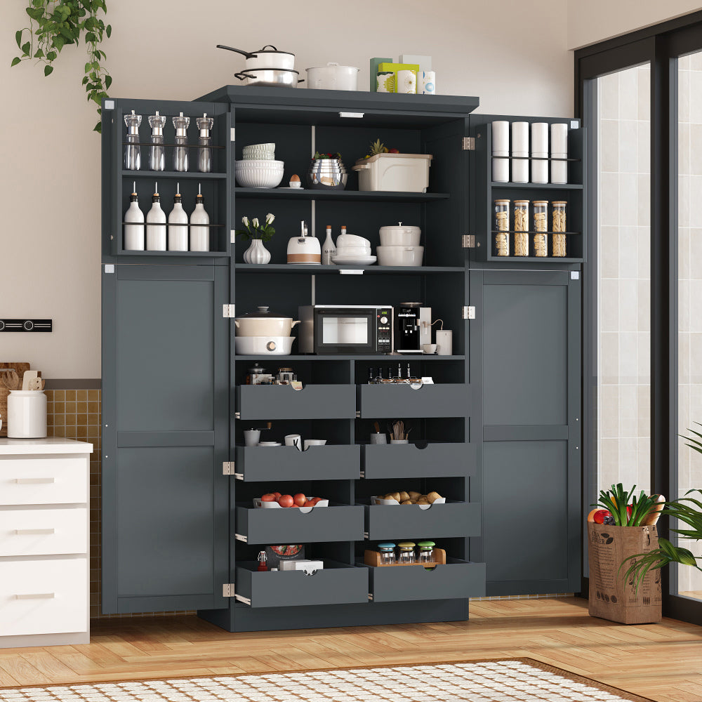 71″ Farmhouse Kitchen Pantry with 8 Pull-Out Trays - TimberFlare