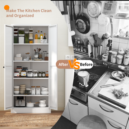 72" Modern Metal Pantry Cabinet with Glass Doors - TimberFlare