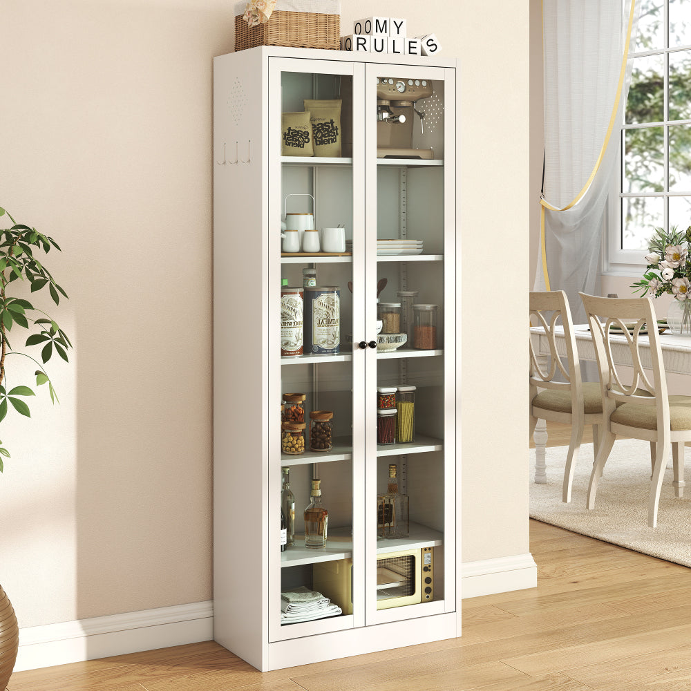 72" Modern Metal Pantry Cabinet with Glass Doors - TimberFlare