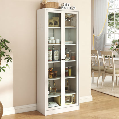 72" Modern Metal Pantry Cabinet with Glass Doors - TimberFlare