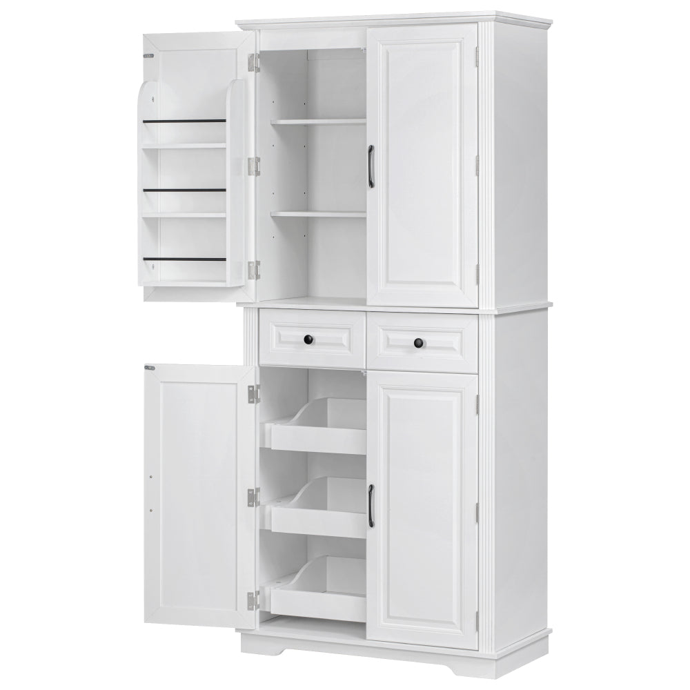 Textured White Pantry Cabinet with Pull-Out Shelves - TimberFlare