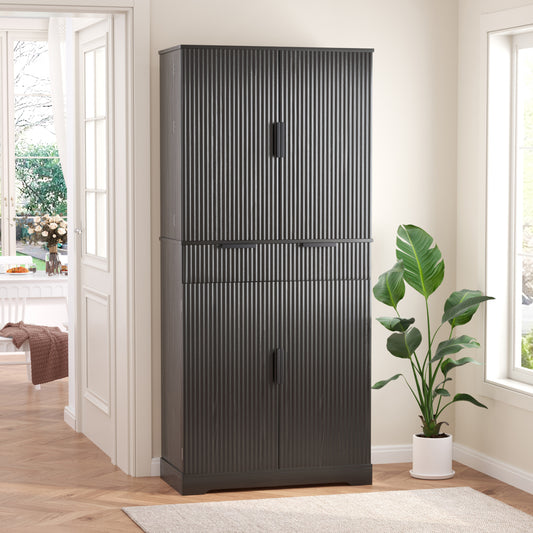 Fluted Black Pantry Cabinet with Pull-Out Trays - TimberFlare