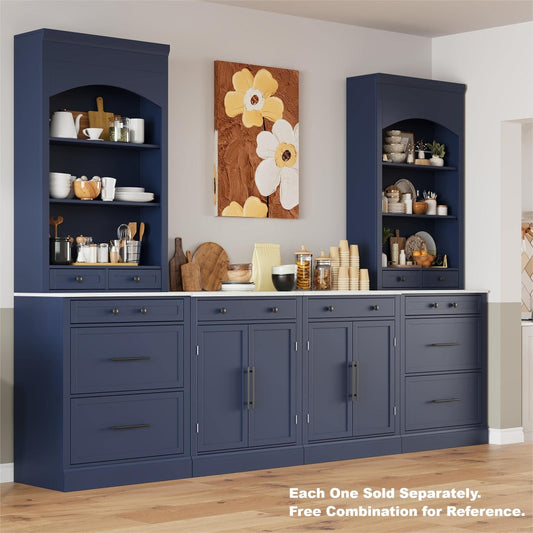 Farmhouse Pantry Hutch with Faux Marble Coffee Station Counter - TimberFlare