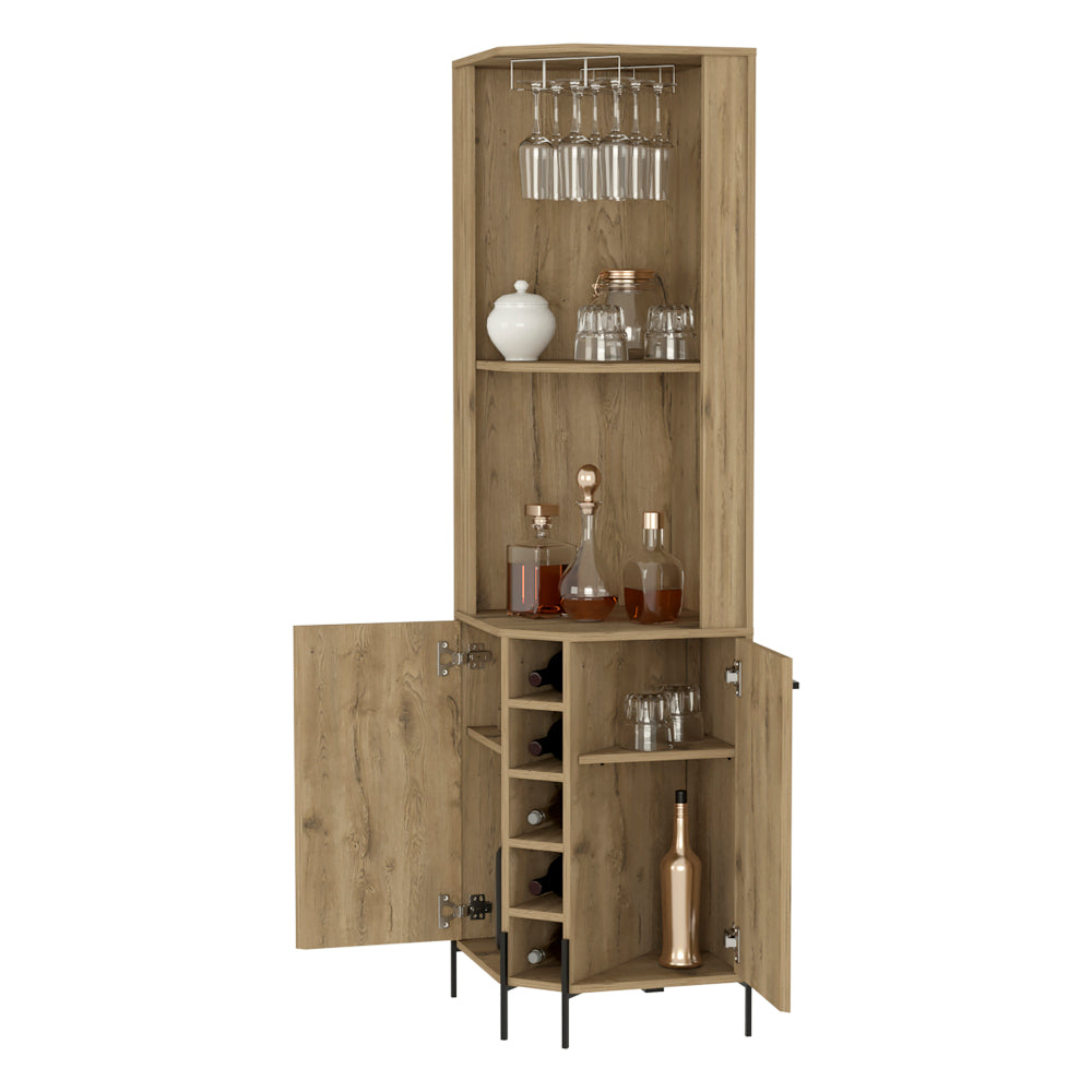 Beige Oak Corner Bar Cabinet with Wine Rack & Coffee Station Shelves - TimberFlare