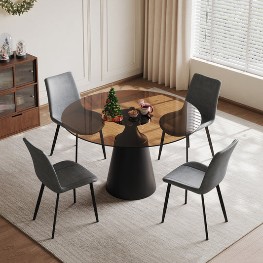 35-Inch Dining Table Set Round Black Glass Table with 4 Gray Ergonomic Chairs