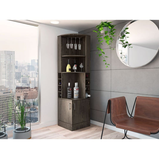 Wenge Tall Corner Bar Cabinet with Wine Cubbies & Glass Rack - TimberFlare