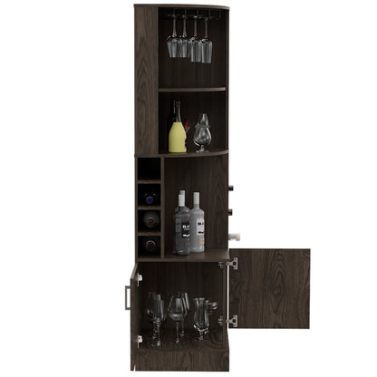 Wenge Tall Corner Bar Cabinet with Wine Cubbies & Glass Rack - TimberFlare