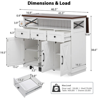 46.5 Rolling Kitchen Island with Drop Leaf & Charging - TimberFlare