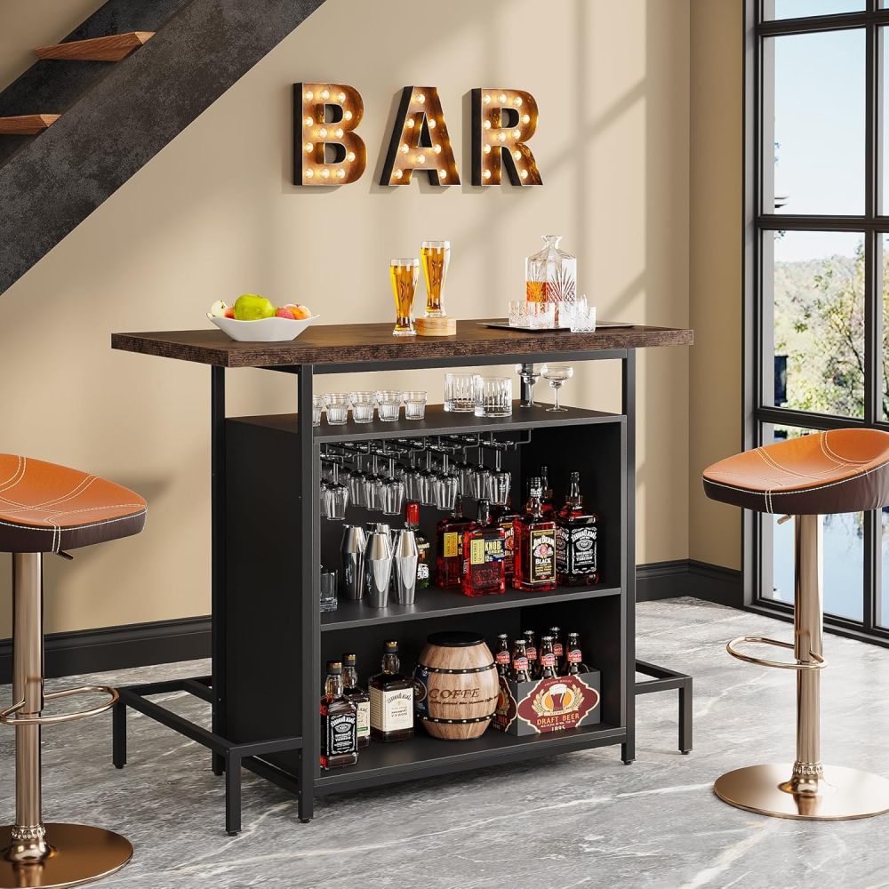 48-Inch Industrial Home Bar with 16-Glass Stemware Rack and Footrest - TimberFlare