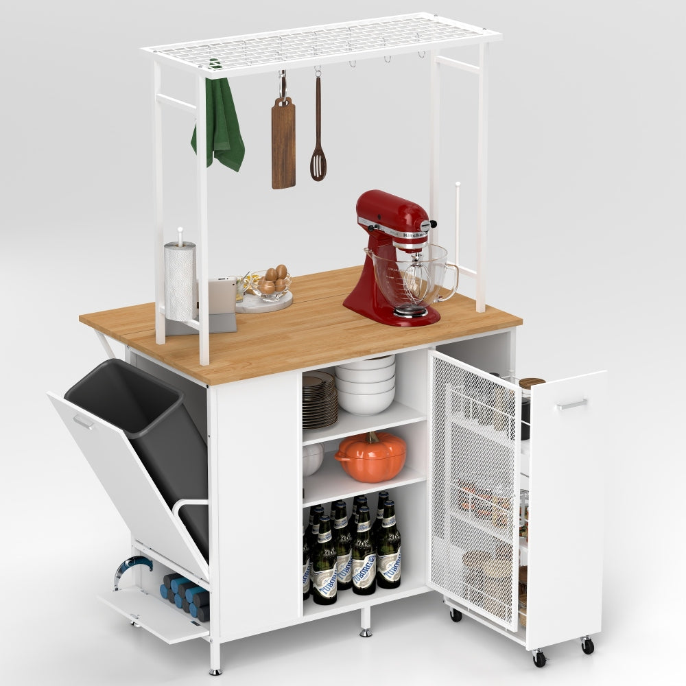 Mobile Kitchen Island with Drop-Leaf, Coffee Station & Hidden Trash Cabinet - TimberFlare