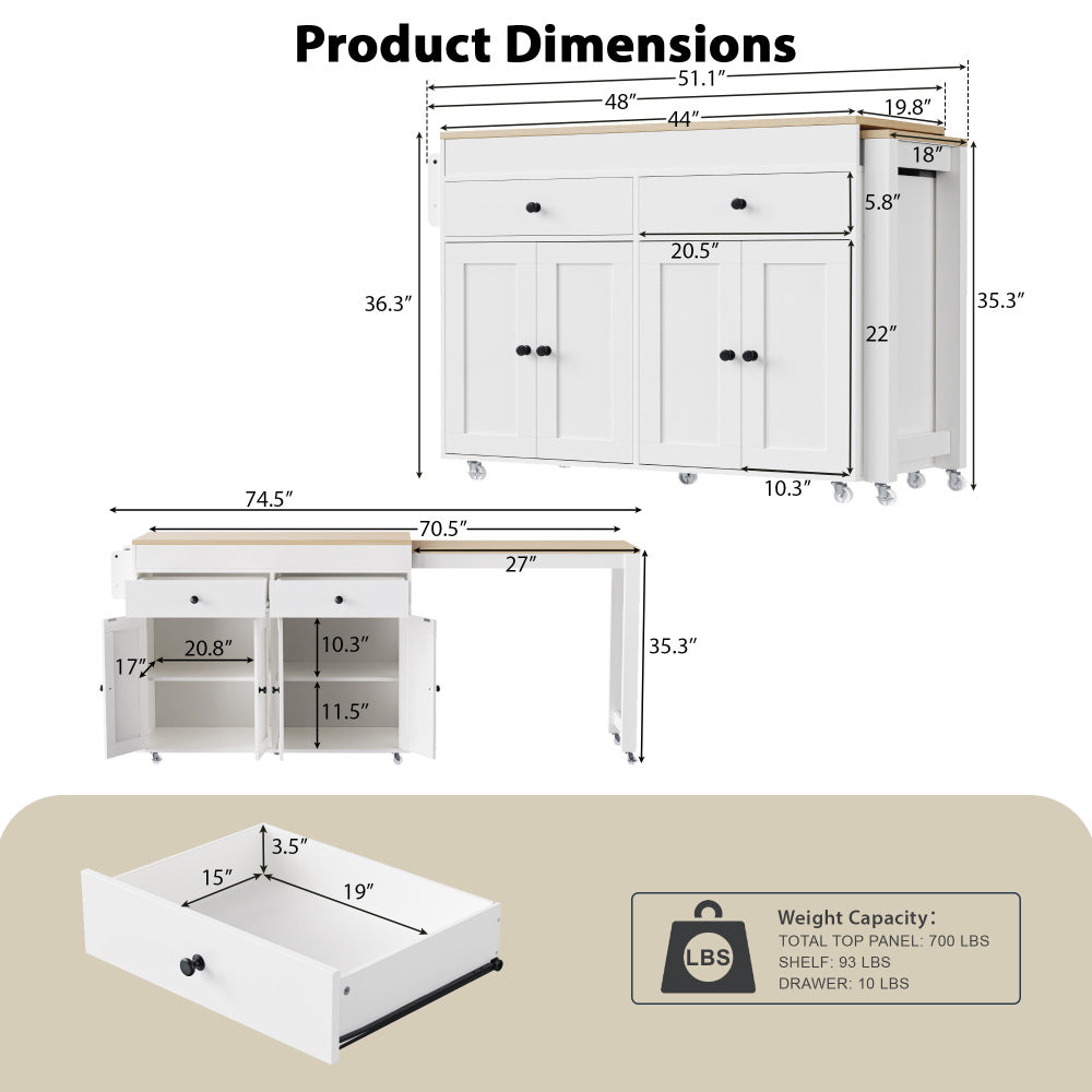 74.5 Kitchen Island with Extendable Dining Table - TimberFlare