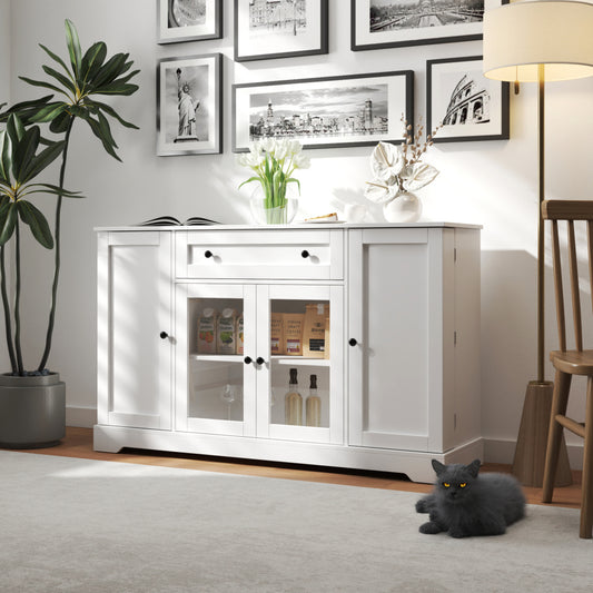 White Farmhouse Sideboard Cabinet with Glass Display & Coffee Bar Storage - TimberFlare