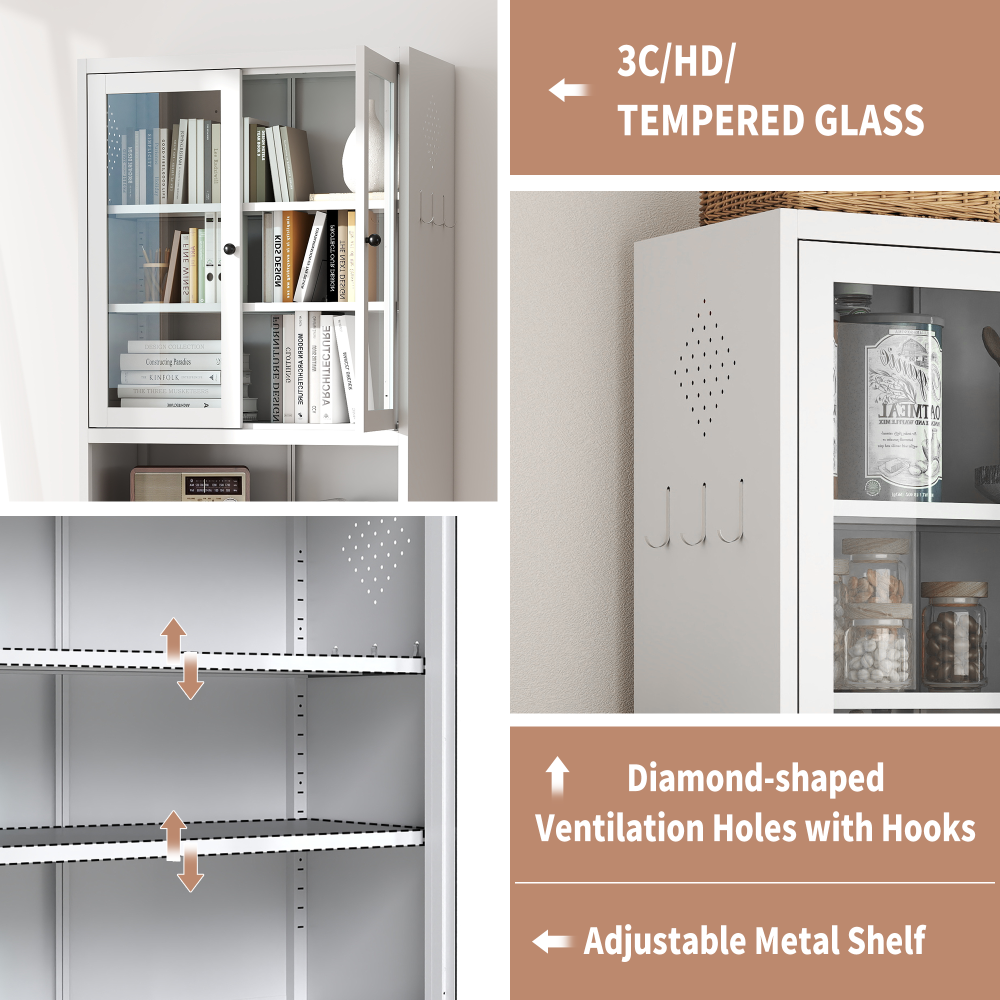 72" Modern Metal Pantry Cabinet with Glass Doors - TimberFlare