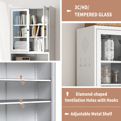 72" Modern Metal Pantry Cabinet with Glass Doors - TimberFlare