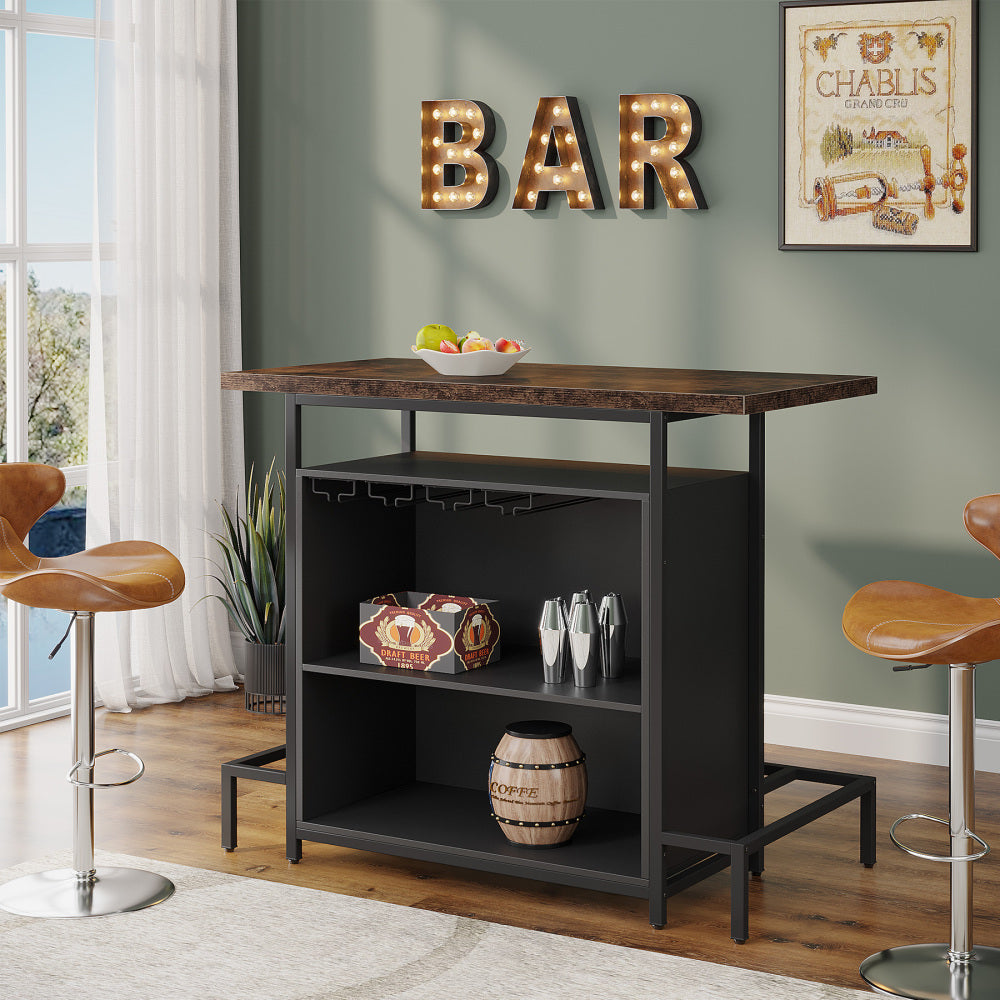 48-Inch Industrial Home Bar with 16-Glass Stemware Rack and Footrest - TimberFlare
