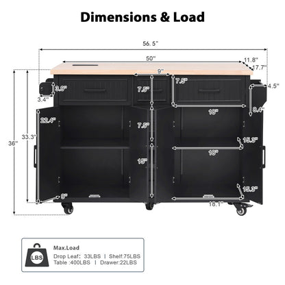 56.5" Rolling Kitchen Island with Charging - TimberFlare
