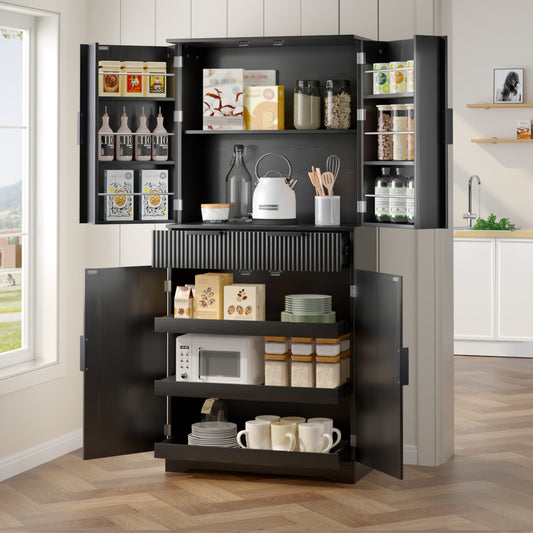 Fluted Black Pantry Cabinet with Pull-Out Trays - TimberFlare