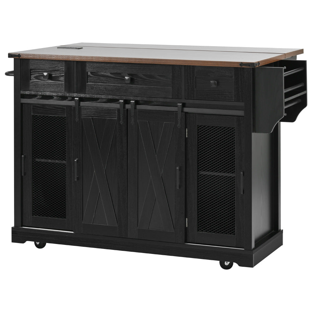 58-Inch Farmhouse Kitchen Island with Drop Leaf, Power Outlet