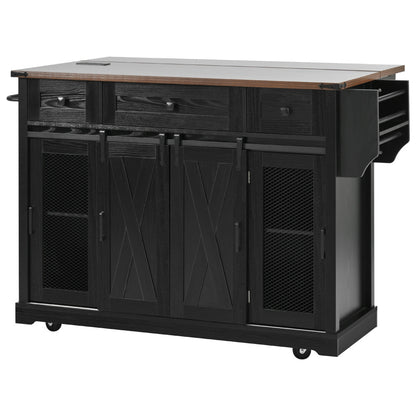 58-Inch Farmhouse Kitchen Island with Drop Leaf, Power Outlet