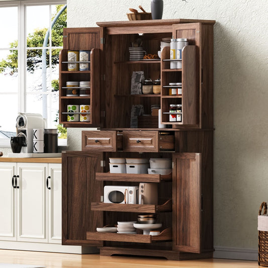 Walnut Pantry Cabinet with Pull-Out Shelves & Door Racks - TimberFlare