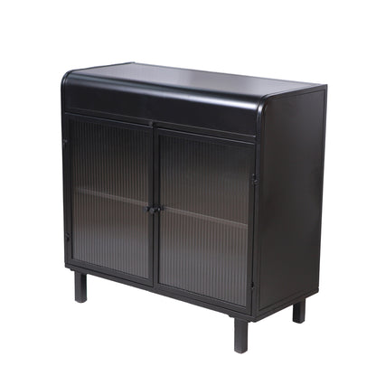 Industrial Flip-Top Sideboard Cabinet with Fluted Glass Doors - TimberFlare