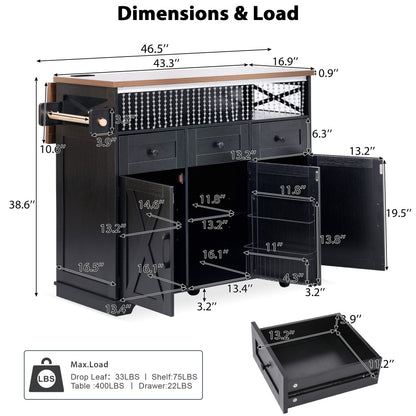 46.5 Rolling Kitchen Island with Drop Leaf & Charging - TimberFlare