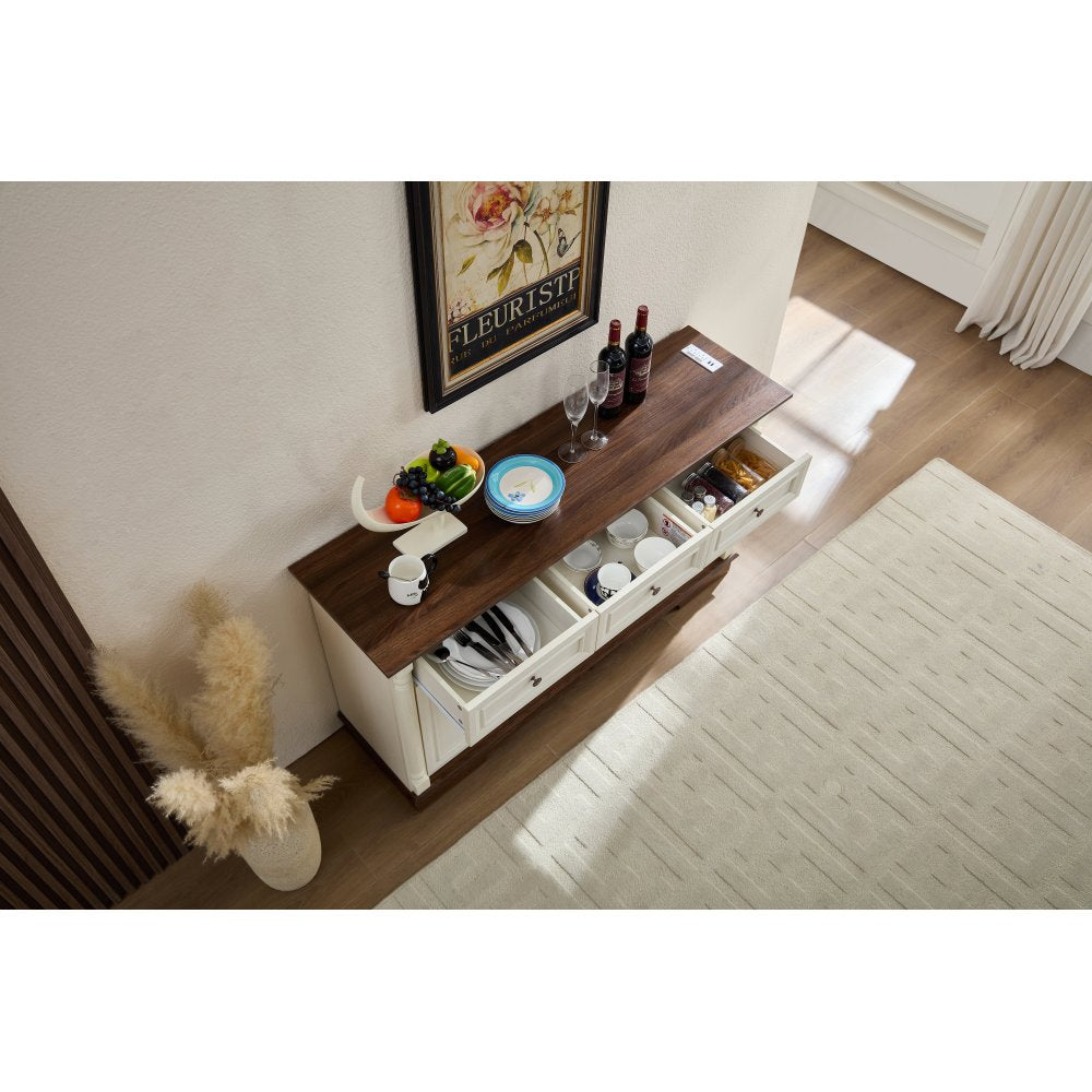 55″ Farmhouse Sideboard with Roman Column Detail, White & Walnut - TimberFlare