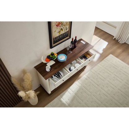 55″ Farmhouse Sideboard with Roman Column Detail, White & Walnut - TimberFlare