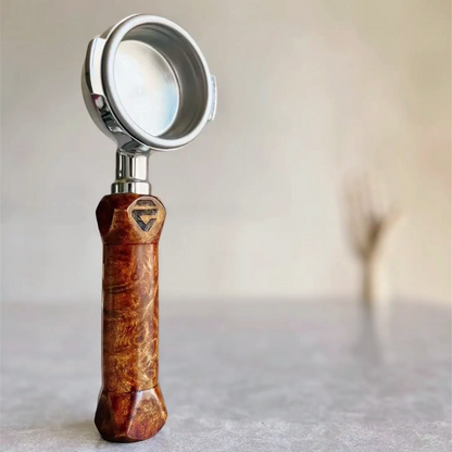 Solstice Bloom Artisan Bottomless Portafilter wood, resin, or metal material detail close-up