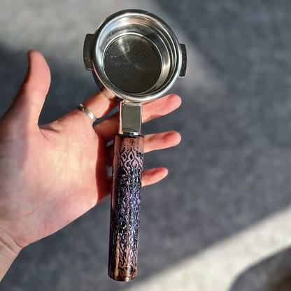 Molten Burl Artisan Bottomless Portafilter wood, resin, or metal material detail close-up