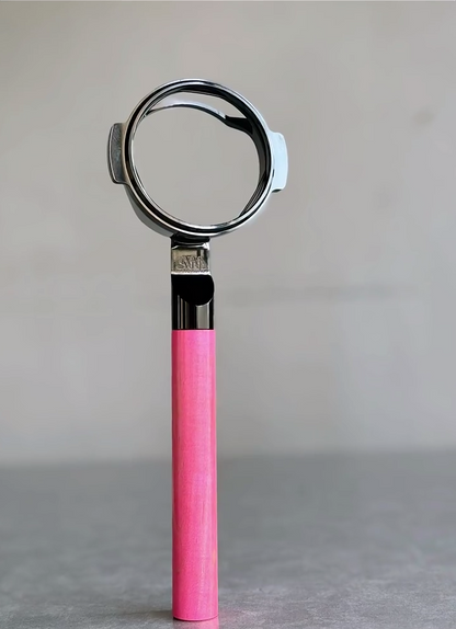 Vivid Pink Artisan Bottomless Portafilter wood, resin, or metal material detail close-up