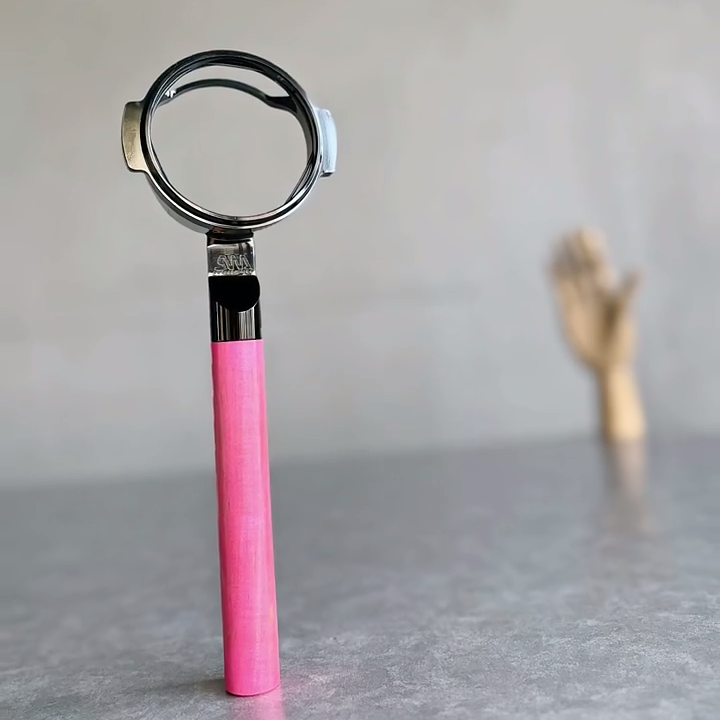 Fuchsia Rush Artisan Bottomless Portafilter alternate angle 6 for La Marzocco