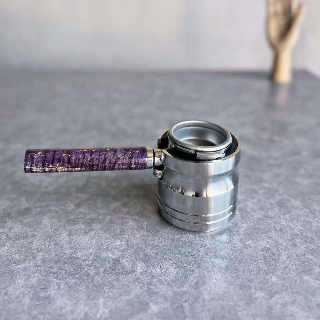 Purple Burl Nebula Artisan Bottomless Portafilter alternate angle 5 for compatible espresso machine