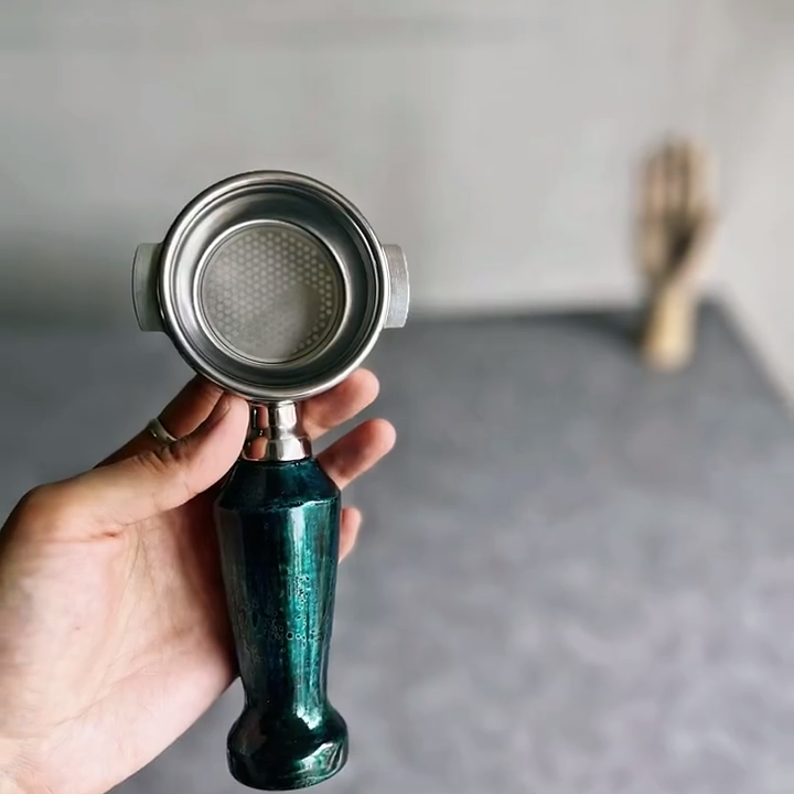 Emerald Lacquer Artisan Bottomless Portafilter alternate angle 7 for compatible espresso machine