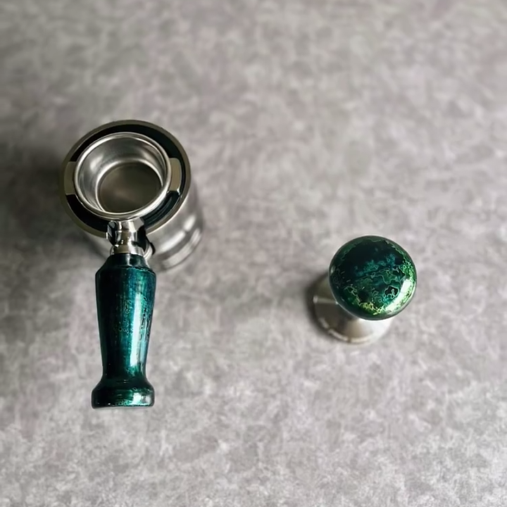 Emerald Lacquer Artisan Bottomless Portafilter alternate angle 9 for compatible espresso machine