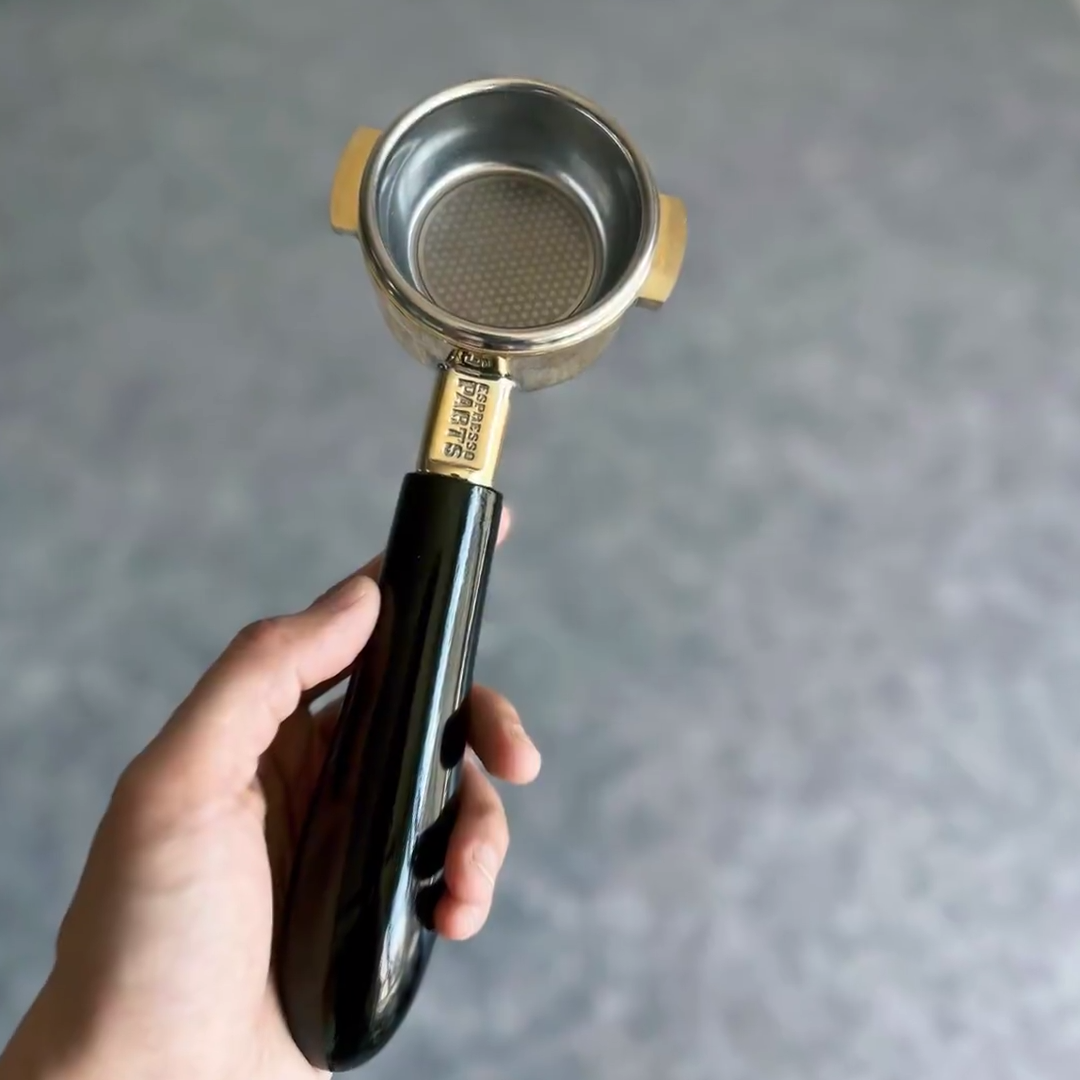 Midnight Lacquer Artisan Bottomless Portafilter wood, resin, or metal material detail close-up