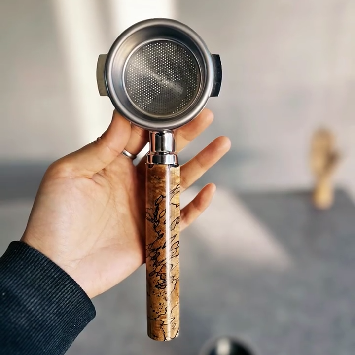 Spalted Labyrinth Artisan Bottomless Portafilter alternate angle 7 for compatible espresso machine