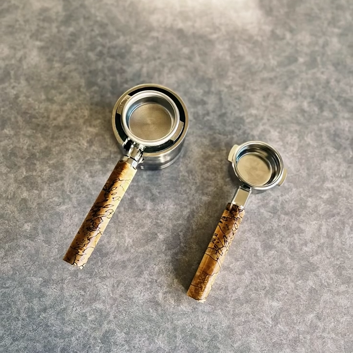 Spalted Labyrinth Artisan Bottomless Portafilter alternate angle 9 for compatible espresso machine
